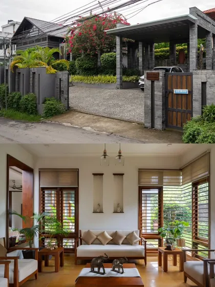 A collage showing the home's exterior gate and the calm, neutral-toned interior living space, highlighting the contrast between the robust exterior and serene interior.