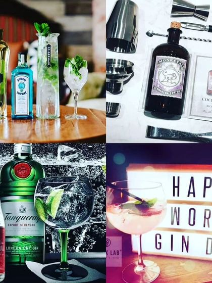 A collage celebrating World Gin Day, showcasing a variety of gin brands like Tanqueray, Bombay Sapphire, and Monkey 47. We are passionate about every spirit and love creating the perfect G&T or gin cocktail.