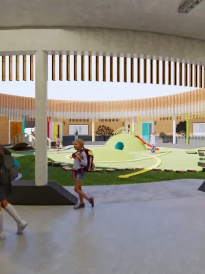 A look into the central courtyard at Urban Gurukul, a K-12 school I designed. The space is a secure, vibrant play area for kindergarteners, using bright colors and open corridors to inspire joy and learning. My focus here was on creating interactive spaces that make education a hands-on experience.