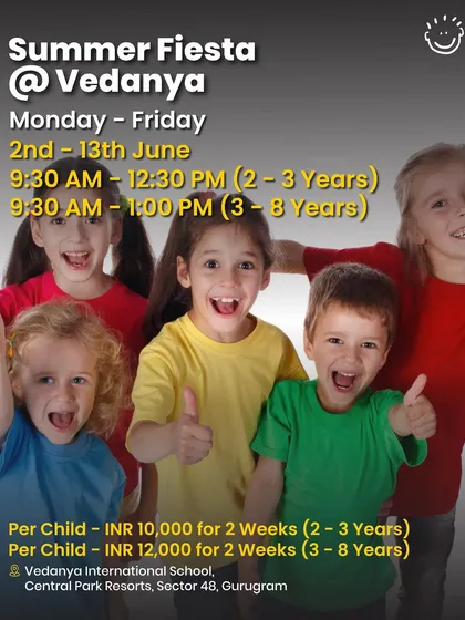A vibrant poster for the Summer Fiesta at Vedanya, showing happy kids ready for a fun-filled camp.