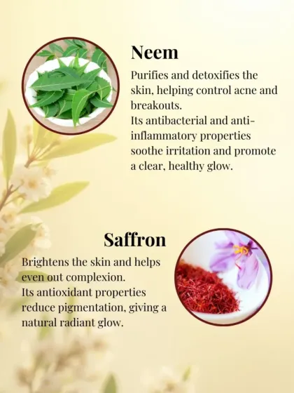 Neem purifies and detoxifies, helping to control acne, while Saffron brightens the skin and helps even out complexion. These are the ancient secrets I put into my modern formulas.
