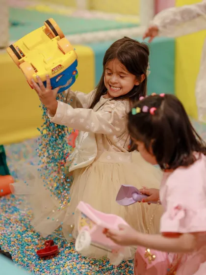 Discovering new ways to play in our sensory pit. This little one is having a blast exploring different textures and toys.