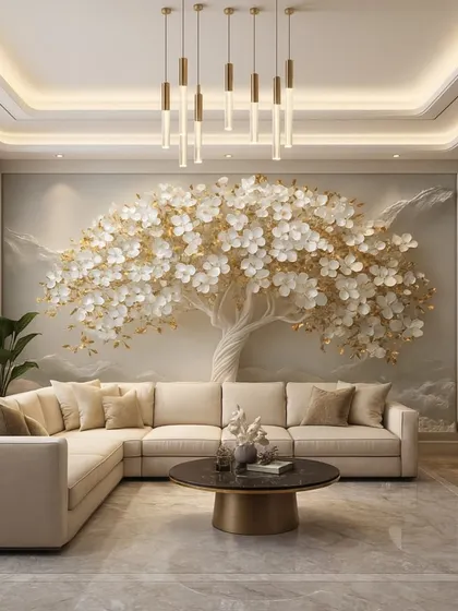 This stunning 3D wallpaper features a tree with white and gold blossoms, creating a magical and elegant focal point in this luxurious living room.