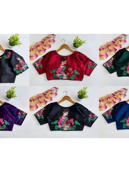 All available colors of the printed pure silk blouse, perfect for mixing and matching.