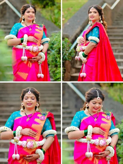 A collection of portraits focusing on the mother-to-be, highlighting her floral jewellery and radiant smile during her Dohale Jevan.
