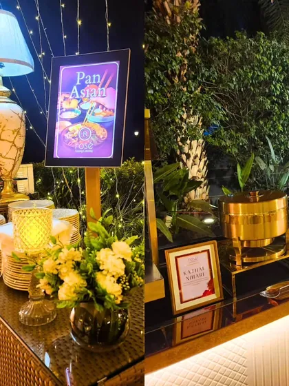 A collage showing two different themed stations at the same event. On the left, a Pan-Asian counter, and on the right, a traditional Indian setup, demonstrating our ability to execute multiple cuisine concepts flawlessly.