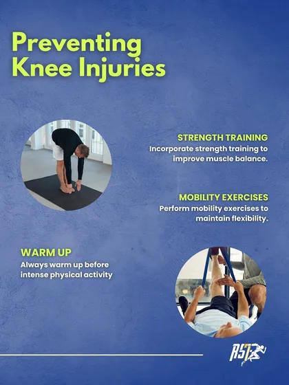 A more visual guide to preventing knee injuries, with images demonstrating strength training, mobility work, and warm-ups as key pillars of a preventative strategy.