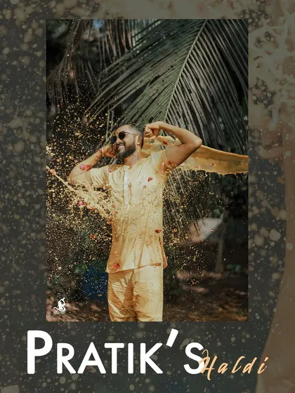 A graphic overlay announcing 'Pratik's Haldi', featuring a joyful action shot from the ceremony.