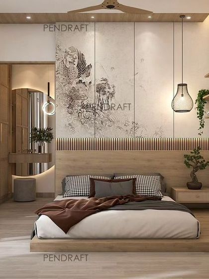This master bedroom in a duplex villa uses an earthy, muted color palette. A custom wallpaper and a low platform bed create a serene, nature-inspired Zen atmosphere.