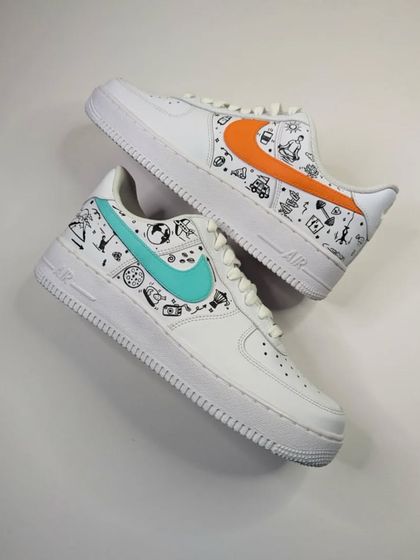 Another angle of the food, travel, and workout doodle AF1s. We included everything from pizza and poker to bungee jumping and meditation.