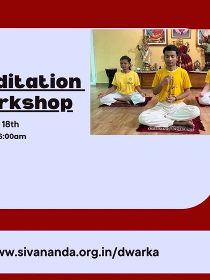 An announcement for a Meditation Workshop, showing students practicing together. Group meditation can be a powerful experience, creating a shared atmosphere of peace.