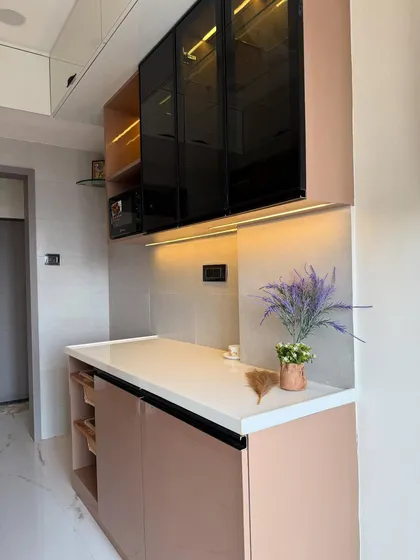 This view shows the other side of the parallel kitchen, with black-tinted glass cabinets and open shelving for easy access to everyday items.