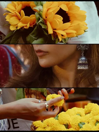 A collage of details from the Dadar flower market shoot. It highlights the textures, colors, and small moments: the vibrant sunflowers, the traditional jhumka earrings, and the hands selecting marigolds, telling a richer story.