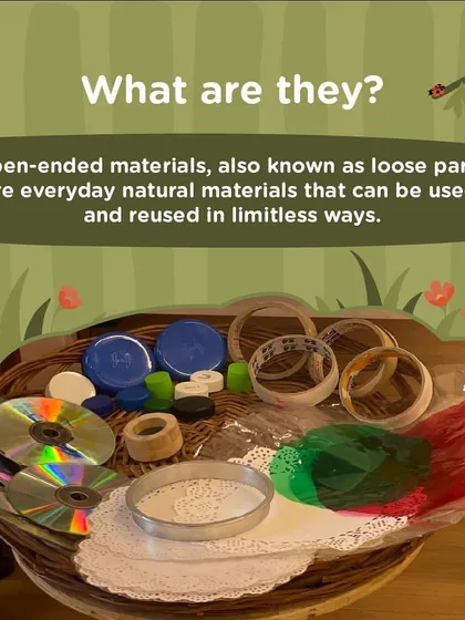 What are loose parts? They are open-ended, everyday natural and recycled materials that can be used in limitless ways. A basket of items like CDs, lids, and fabric scraps becomes a treasure chest for imagination.