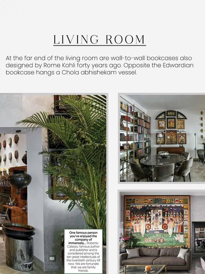 The living room of our Courtyard Home, as seen in Livingetc. The space features wall-to-wall bookcases and a curated collection of art that spans centuries and cultures.