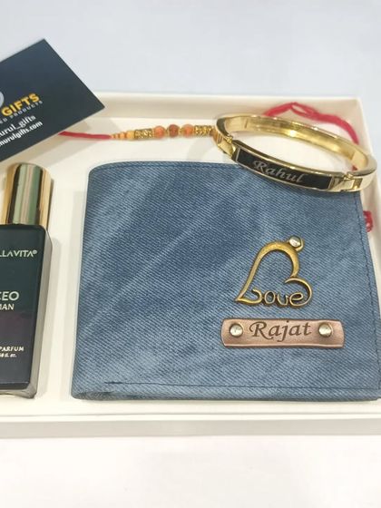 The full Rakhi hamper with a personalized wallet, name kara, Rakhi, and perfume.