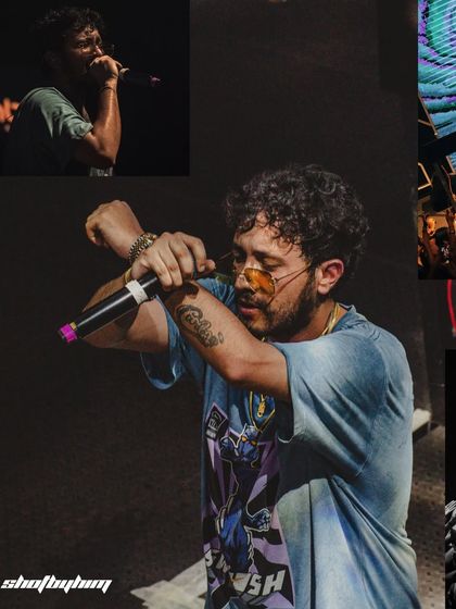 A collage focusing on Calm from Seedhe Maut, showing his performance from multiple angles and highlighting his tattoos.