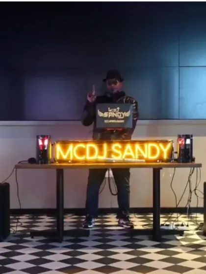 Here's a look at one of my compact yet powerful setups, perfect for an exclusive party for a corporate senior management team. It features my custom neon sign, sleek column array speakers, and lighting that creates an intimate but energetic vibe.