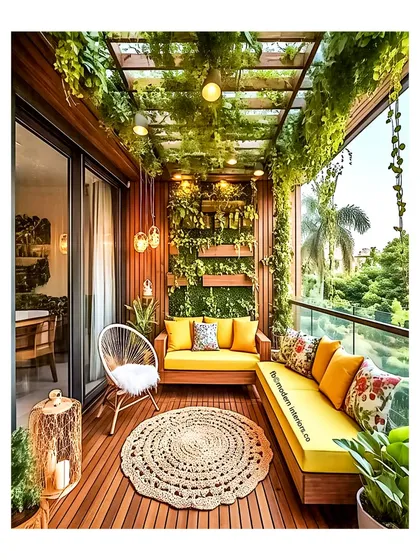 I designed this space to be the ultimate cozy corner. The warm wooden decking and overhead pergola are covered in hanging plants, creating a natural canopy. A comfortable sofa with bright yellow cushions provides the perfect spot to relax, complemented by soft, ambient lighting for magical evenings.
