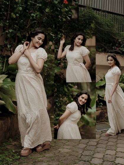 This collage shows four different poses in a beautiful garden setting, highlighting the elegance of the dress and the model's graceful movements.