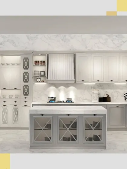 The kitchen island is shown here as a central feature, anchoring the U-shaped layout and providing a beautiful focal point.