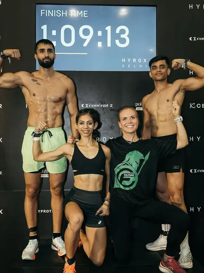 Victory is a team sport. Celebrating a podium finish with my team at the HYROX Delhi event. My coaching is about building a community that pushes and supports each other to achieve incredible things together.