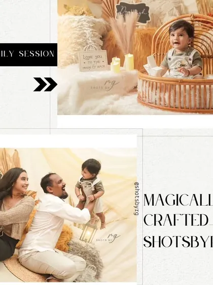 A collage showcasing our dreamy, boho-themed family session. We can create this beautiful setup right in the comfort of your own home.