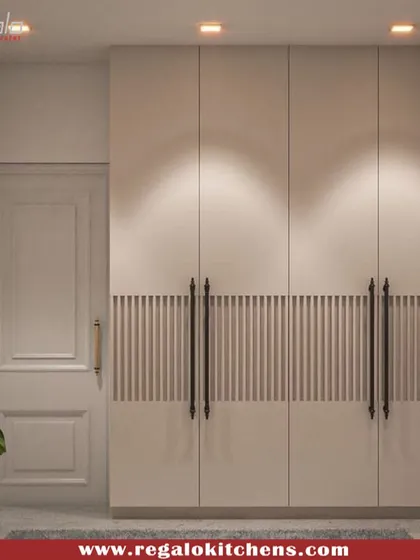 A unique wardrobe design featuring a central band of fluted texture and long, elegant black handles. This detail adds a touch of artistry to a simple and functional piece.
