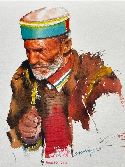 A custom watercolor portrait capturing the quiet dignity of a man from Himachal. I focused on the details of his face and traditional cap to create a piece that feels both personal and culturally rich.