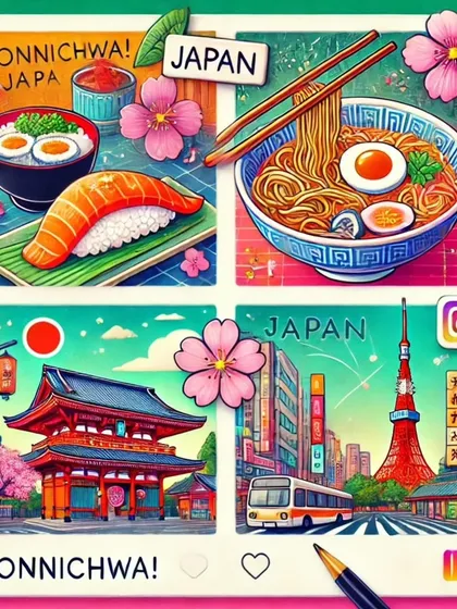 Konnichiwa. A visual postcard from Japan, featuring everything we love: ramen, sushi, cherry blossoms, and the iconic Tokyo Tower.