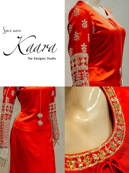 A collage detailing our red velvet kurta set. You can see the intricate embroidery on the neckline and sleeves, and the elegant tie-up detail, all coming together to create a look of pure sophistication.