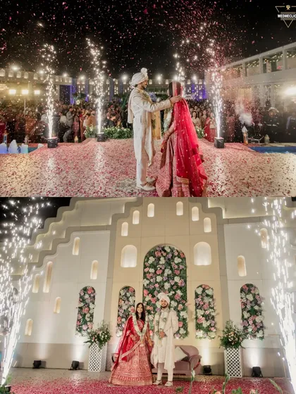 A collage of the Varmala ceremony, complete with fireworks, capturing the celebratory atmosphere of the moment.