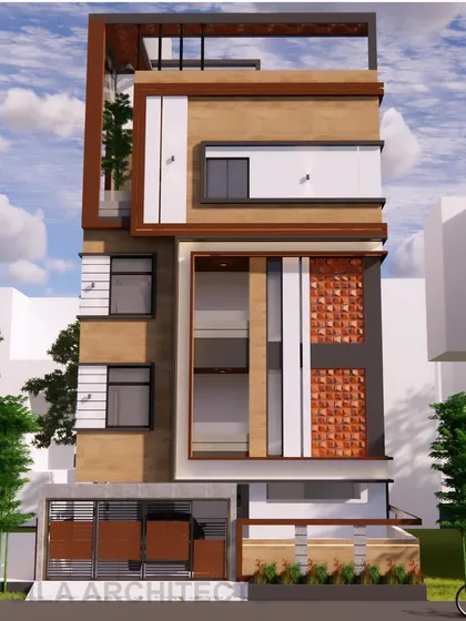 A 3D elevation concept for a duplex house in Yelahanka. This design incorporates textured panels, wood accents, and a framed balcony to create a dynamic and modern exterior.