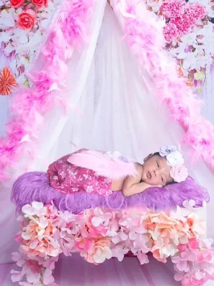 A lovely princess-themed setup with a baby resting on a floral bench under a pink canopy.
