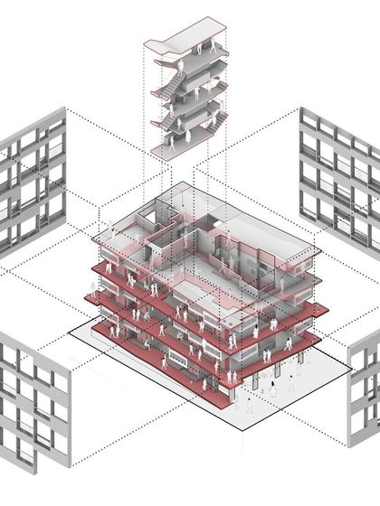 An exploded axonometric diagram of "Coilspace" reveals the building's layered organization, from the structural frame and facade to the internal circulation and unit layouts.