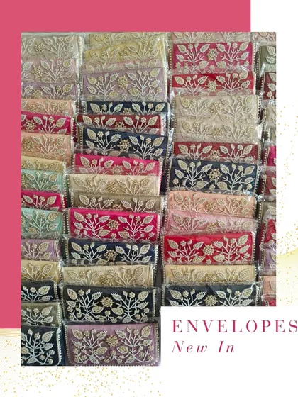 My new collection of embroidered envelopes is perfect for wedding gifting. The delicate floral embroidery on rich fabrics makes them a beautiful keepsake.