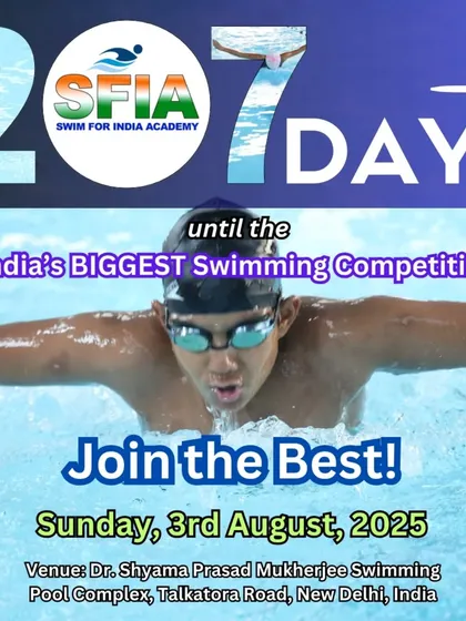 Join the best. A powerful action shot of a swimmer, inviting competitors to the Delhi Open at the Dr. SPM Pool Complex.