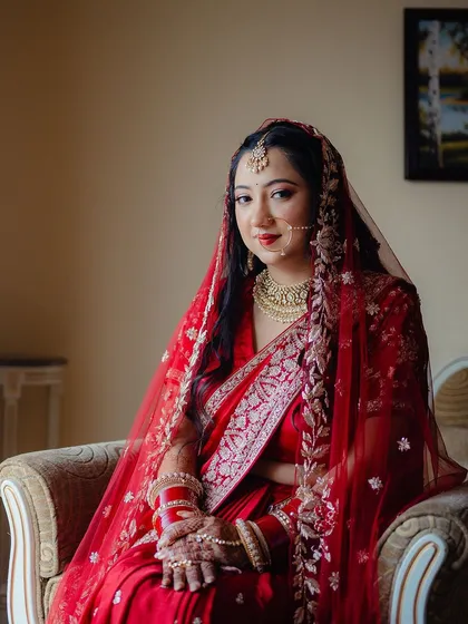 A portrait of a beautiful bride in a traditional red saree for her North Indian wedding. The look is completed with a delicate nath and a soft glam makeup look that enhances her features.