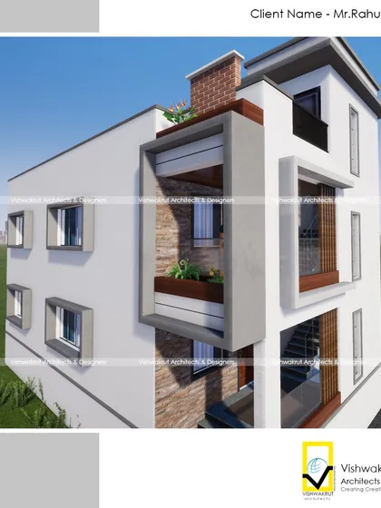 A close-up render of the 'Banda House' facade, focusing on the interplay of materials and the small, integrated planters that add a touch of green to the modern exterior.