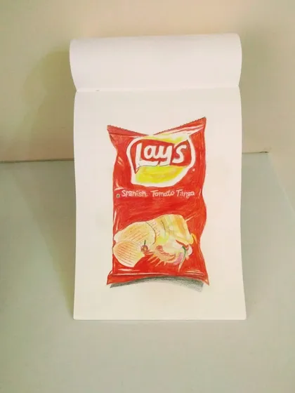 The finished drawing of a bag of Lay's chips, looking just like the real thing.