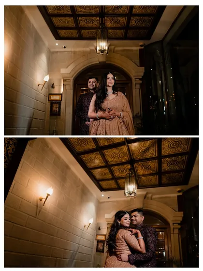 Capturing the rhythm of love before the party begins. These portraits showcase the couple's stunning Sangeet outfits and the anticipation of the night ahead.