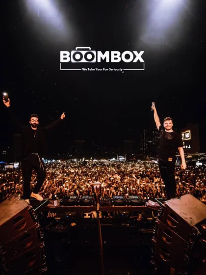 The ultimate selfie. Martin Garrix and Ranbir Kapoor posing with tens of thousands of fans in the background.