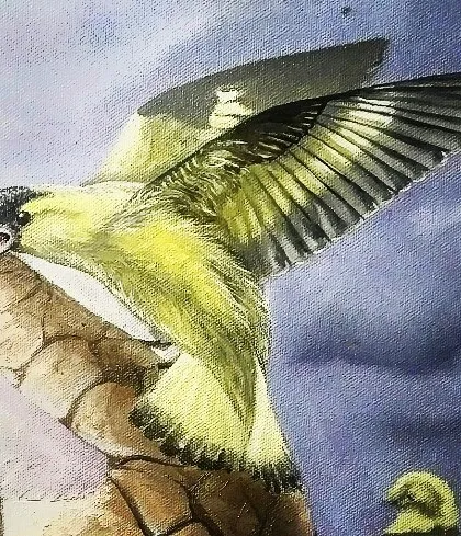A detail from 'Sapling', showing a goldfinch perched on the cracked, stone-like hand. The bird represents life and freedom, interacting with the rigid structure of old beliefs.