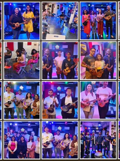 A collage showcasing the many happy faces from our diverse music workshops, with a strong focus on our popular ukulele classes.