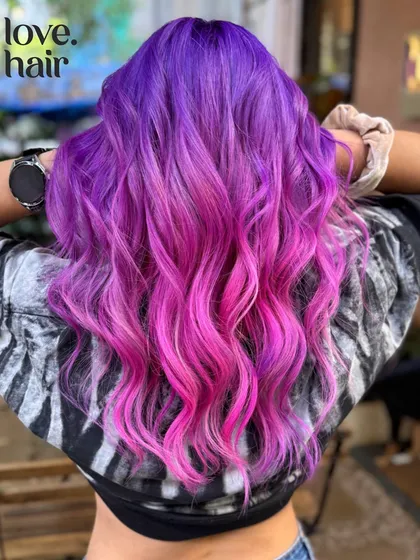 We're all about channeling that main character energy. This stunning purple to pink ombre melt was created using vivid hair colour for a look that's pure magic.