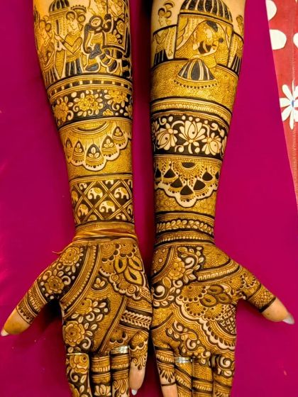 A full coverage bridal mehandi with a golden stain. The design includes wedding procession scenes and intricate floral and geometric patterns for a rich, traditional look.