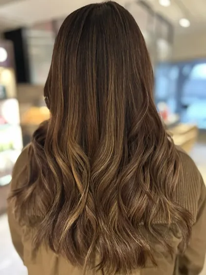 The back view of the auburn-to-beige balayage transformation. The blend is seamless, and the hair looks healthy and vibrant thanks to a K18 treatment.