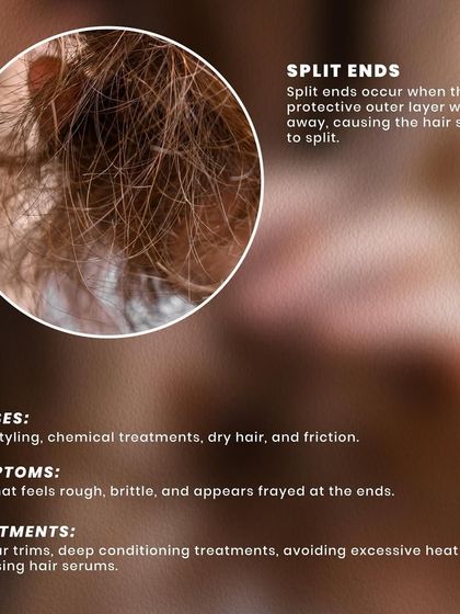 Split ends occur when the hair's protective outer layer wears away. They are often caused by heat styling and chemical treatments, and the best treatments include regular trims and deep conditioning.