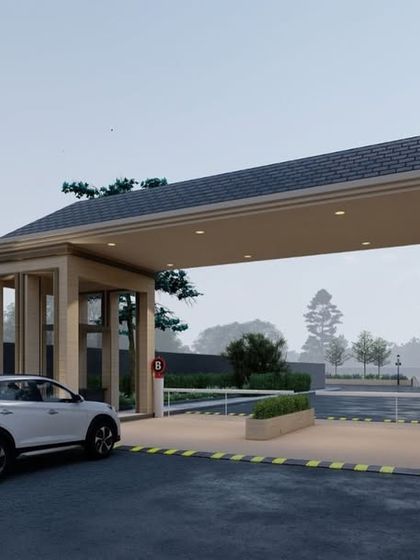 This is the gateway to an exclusive gated community of bungalows we designed in Raipur. The grand architectural features and meticulously landscaped surroundings of the entrance are crafted to captivate and invite residents into a world of sophistication.