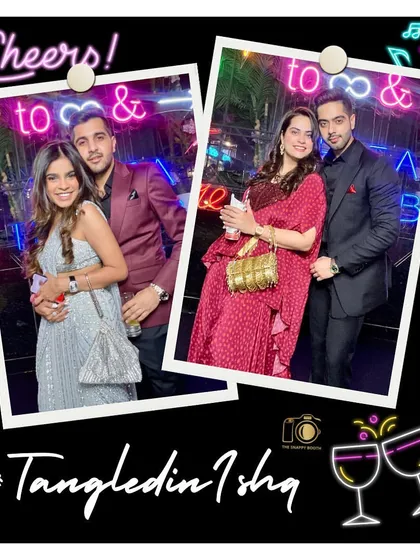 Stylish couples posing against our custom neon backdrop. It's the perfect setting for a chic and modern cocktail party.